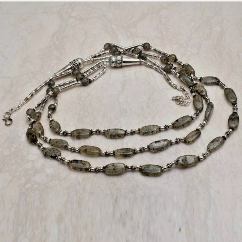 New Unique Triple Strand Black Rutilated Quartz 925 Silver Necklace.